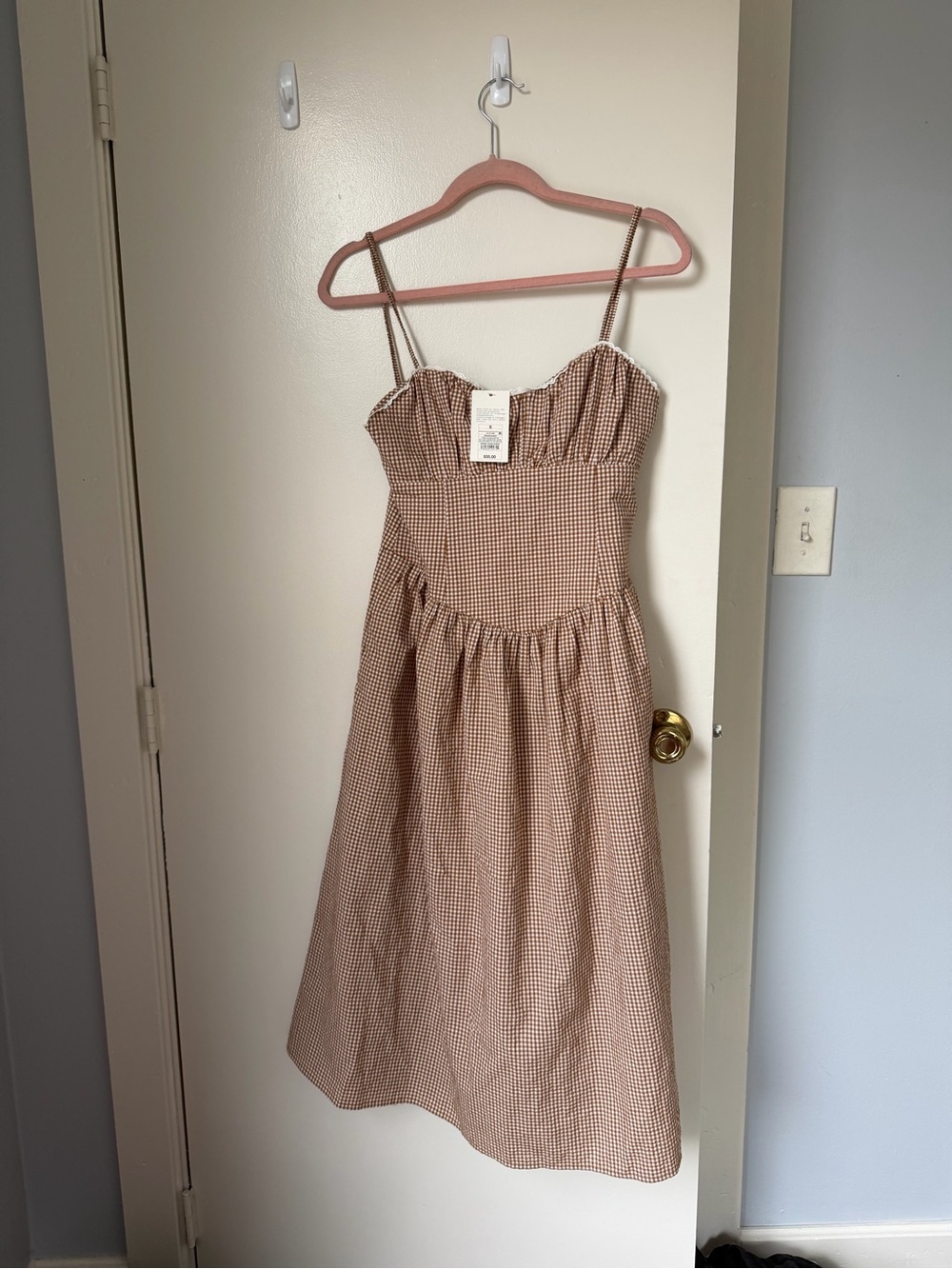 New Brown Gingham Corset Midi Dress